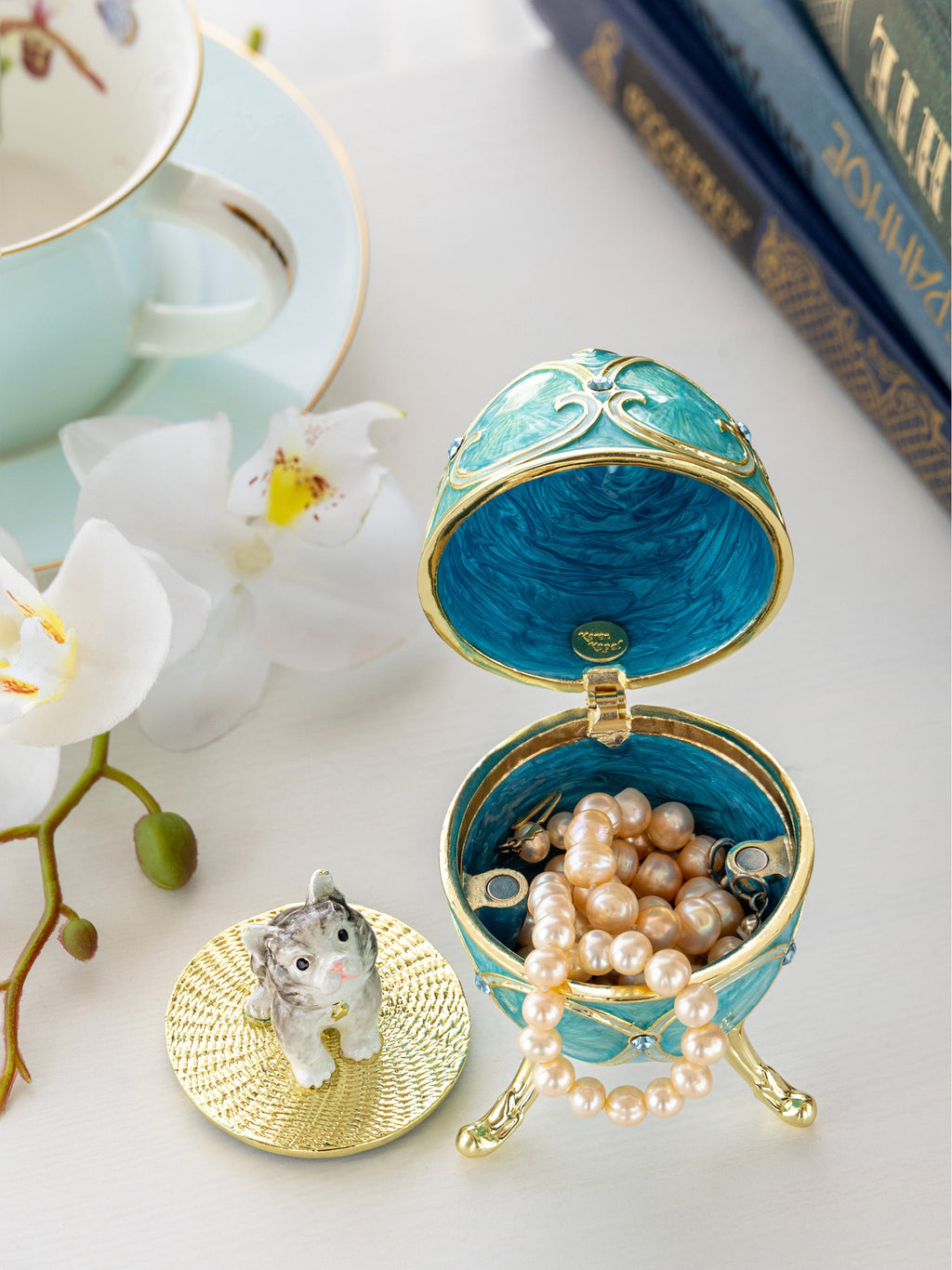 Turquoise Easter Egg with Cat Hidden compartment-2