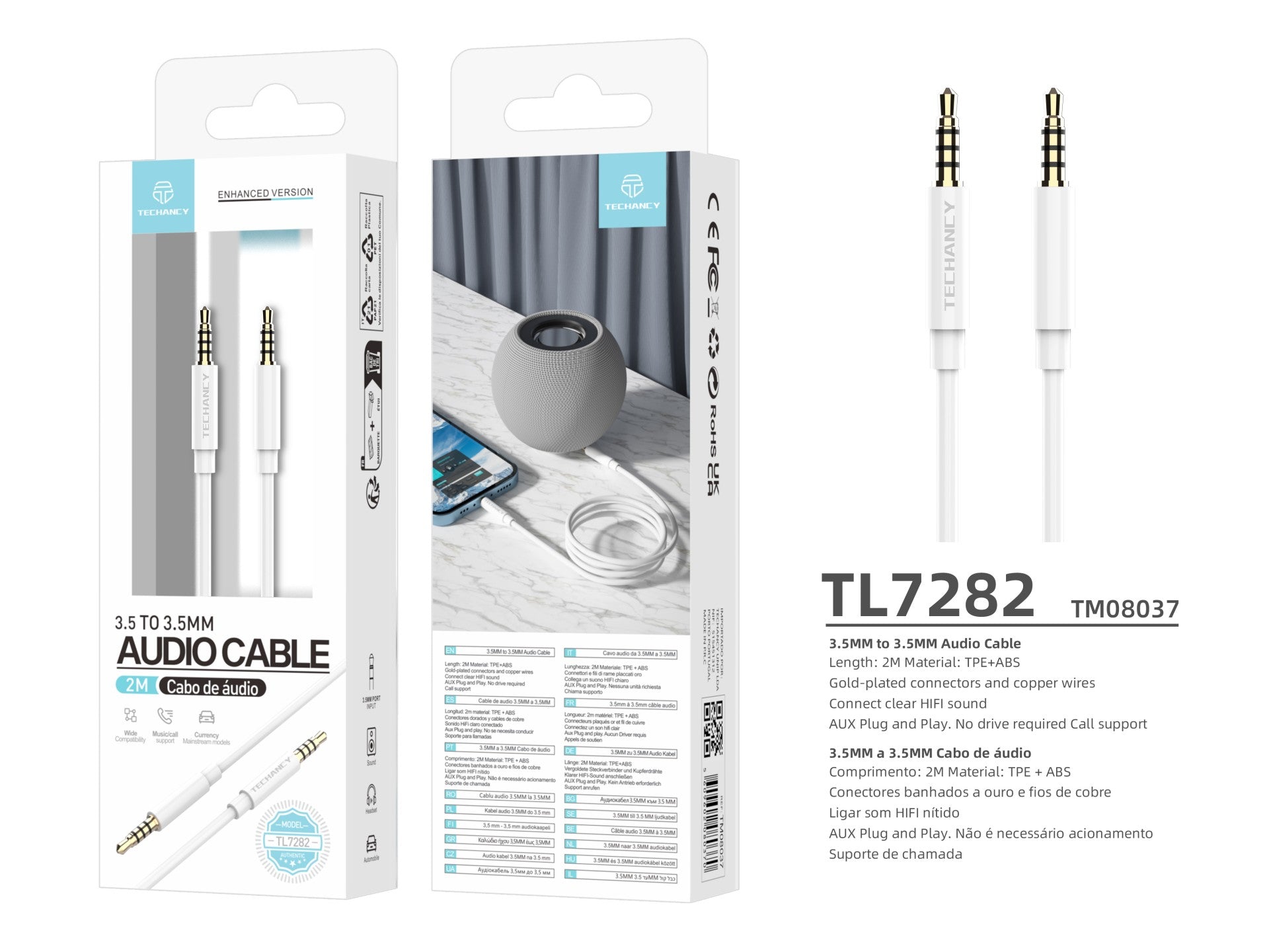 Techancy Cabo de áudio de 3,5MM da TL7282, 2 metro, Plug and Play, para estéreo de carro, estéreo, computador, branco-2