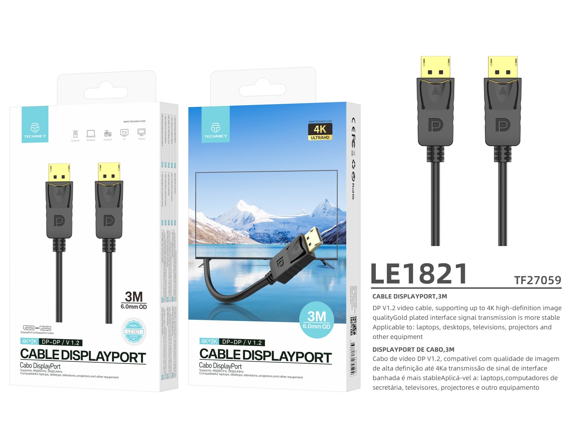 Cabo de vídeo de alta definição Techancy DP para DP 3M, LE1821, 4K*2K/1080P, preto-3