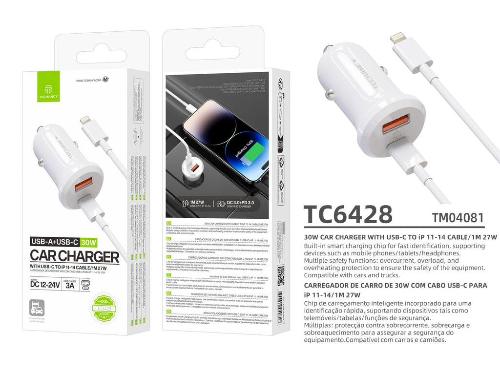 Techancy Carregador de Carro TC6428 30W USB-A+USB-C com cabo 1m USB-C para Lightning PD3.0 QC3.0 12-24V-4