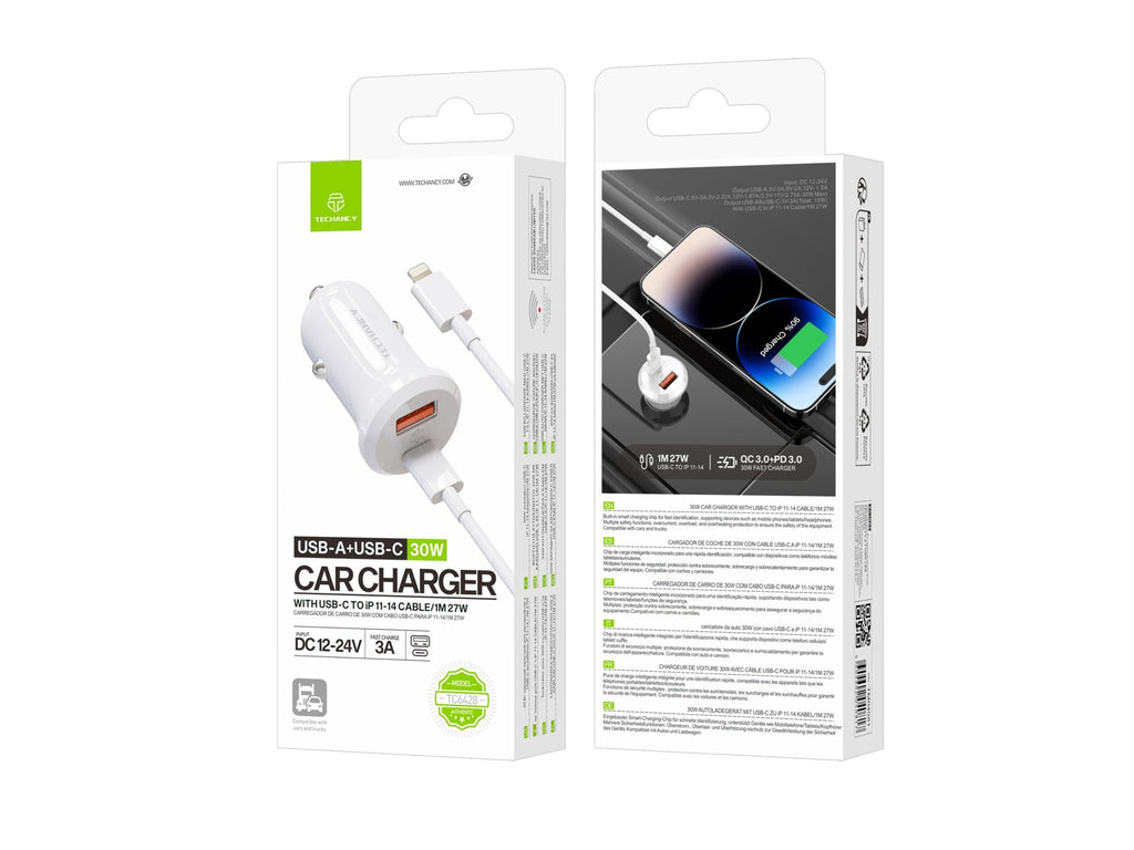 Techancy Carregador de Carro TC6428 30W USB-A+USB-C com cabo 1m USB-C para Lightning PD3.0 QC3.0 12-24V-3