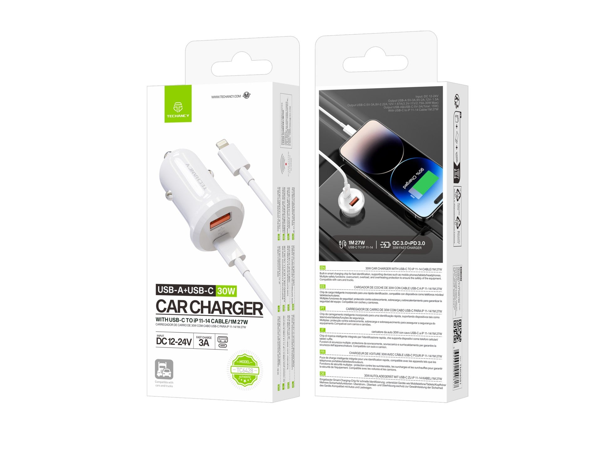 Techancy Carregador de Carro TC6428 30W USB-A+USB-C com cabo 1m USB-C para Lightning PD3.0 QC3.0 12-24V-3