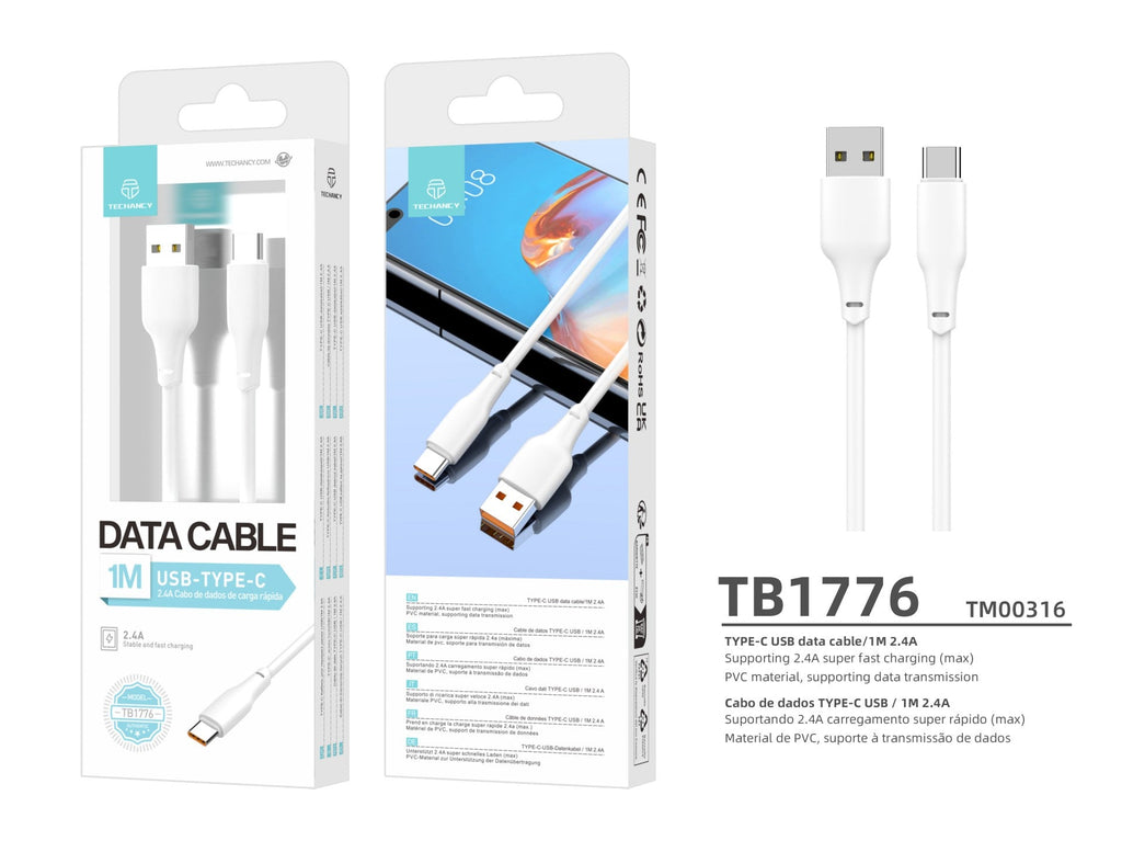 Techancy Cabo De Dados Usb-Type-C Branco 1M TB1776,Carregamento Rápido De 2,4 A, Suporta Transmissão De Dados, Material Pvc-2