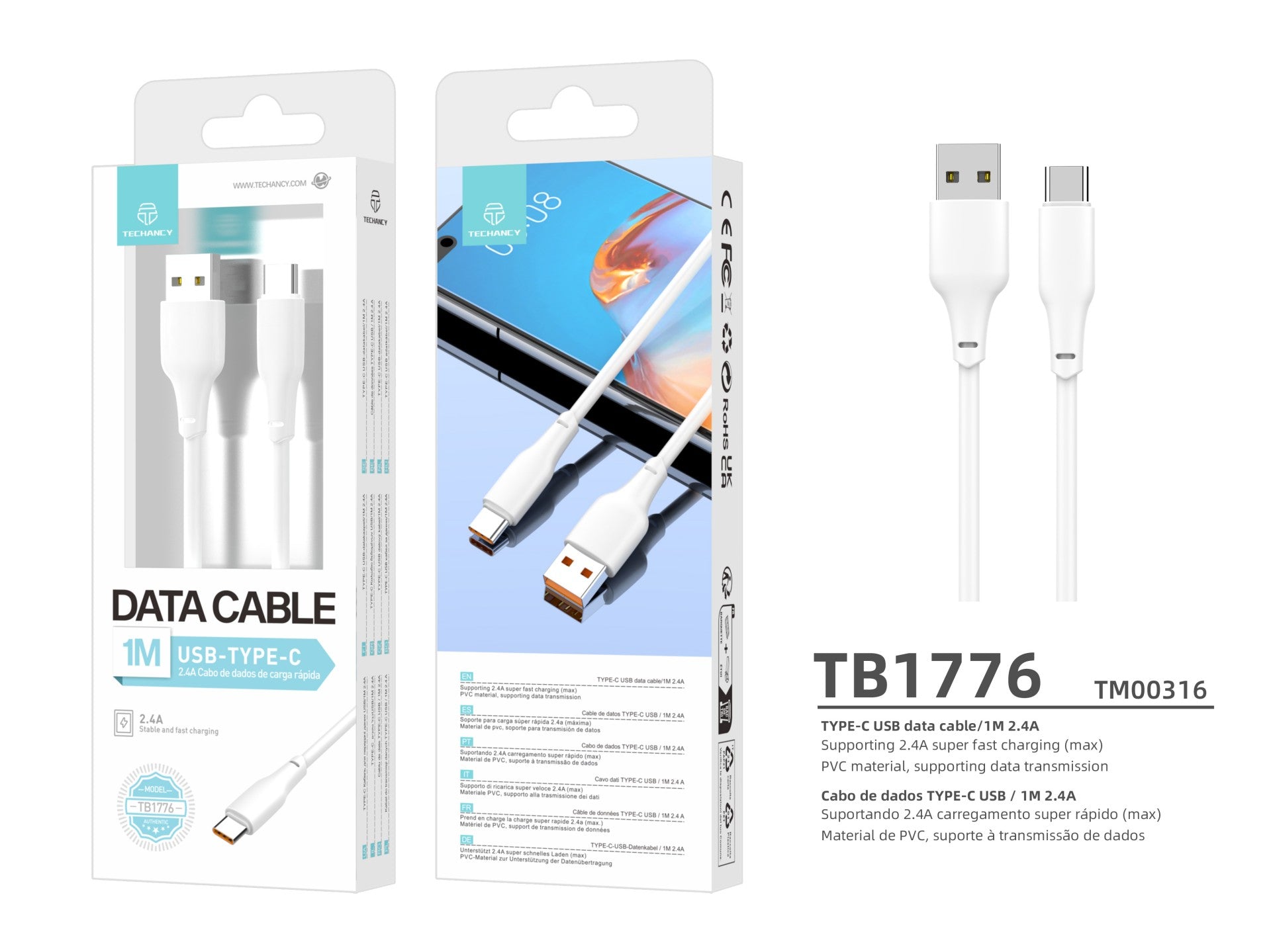 Techancy Cabo De Dados Usb-Type-C Branco 1M TB1776,Carregamento Rápido De 2,4 A, Suporta Transmissão De Dados, Material Pvc-2