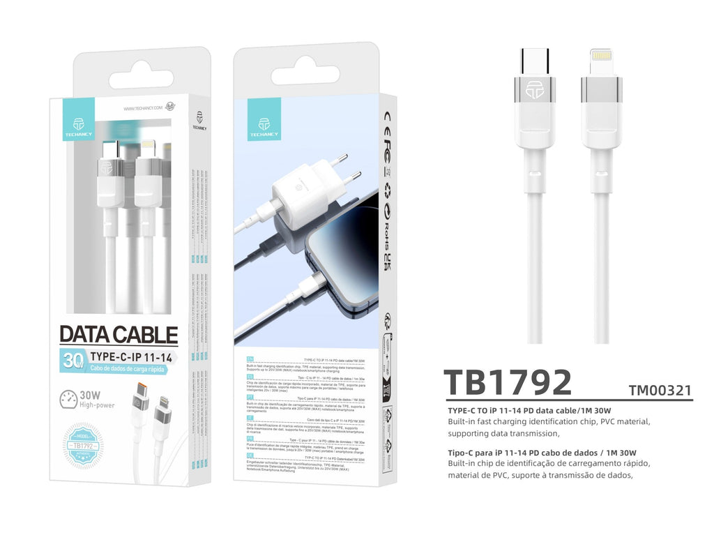 Techancy Cabo De Dados Pd 30w Branco 1m TB1792, Usb C-Ipx/11/12-14 Suporta Carregamento Rápido, Transferência De Dados-2