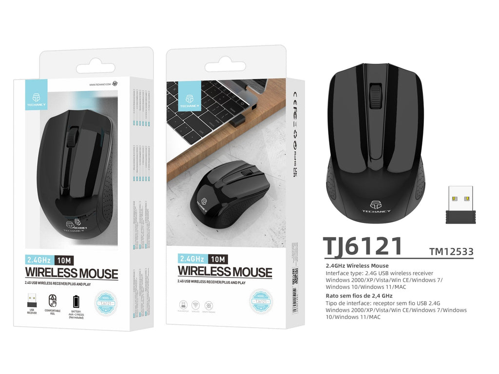 Souris sans fil 2,4 G noire Techancy TJ6121, portée sans fil de 10 m, Plug and Play, compatible PC/Mac, design ergonomique