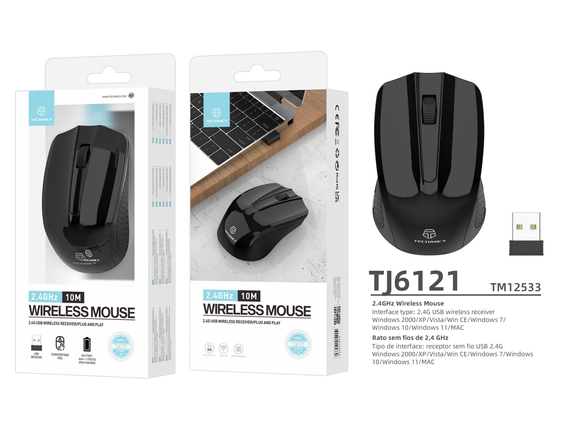 Souris sans fil 2,4 G noire Techancy TJ6121, portée sans fil de 10 m, Plug and Play, compatible PC/Mac, design ergonomique