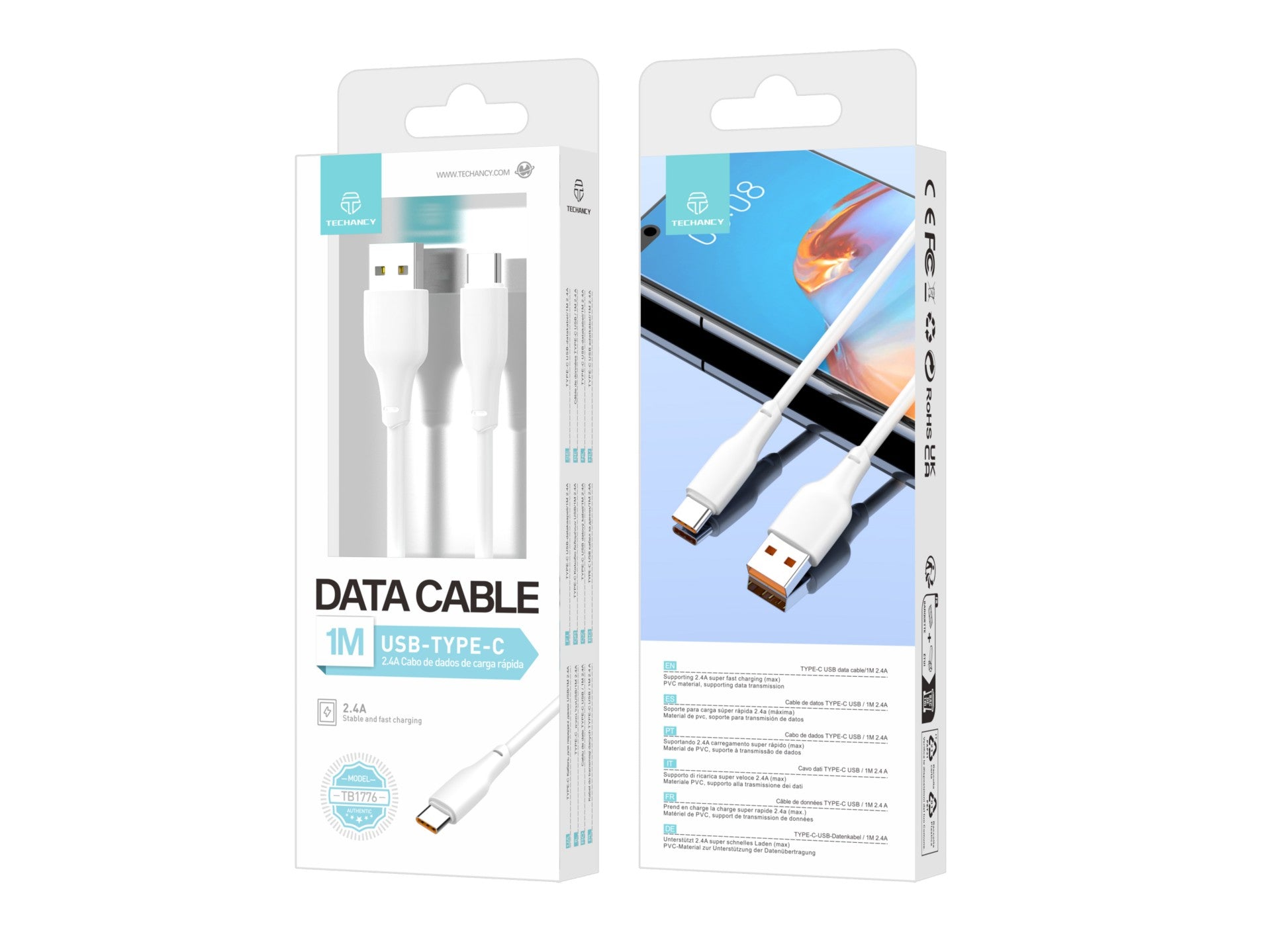 Techancy Cabo De Dados Usb-Type-C Branco 1M TB1776,Carregamento Rápido De 2,4 A, Suporta Transmissão De Dados, Material Pvc-1