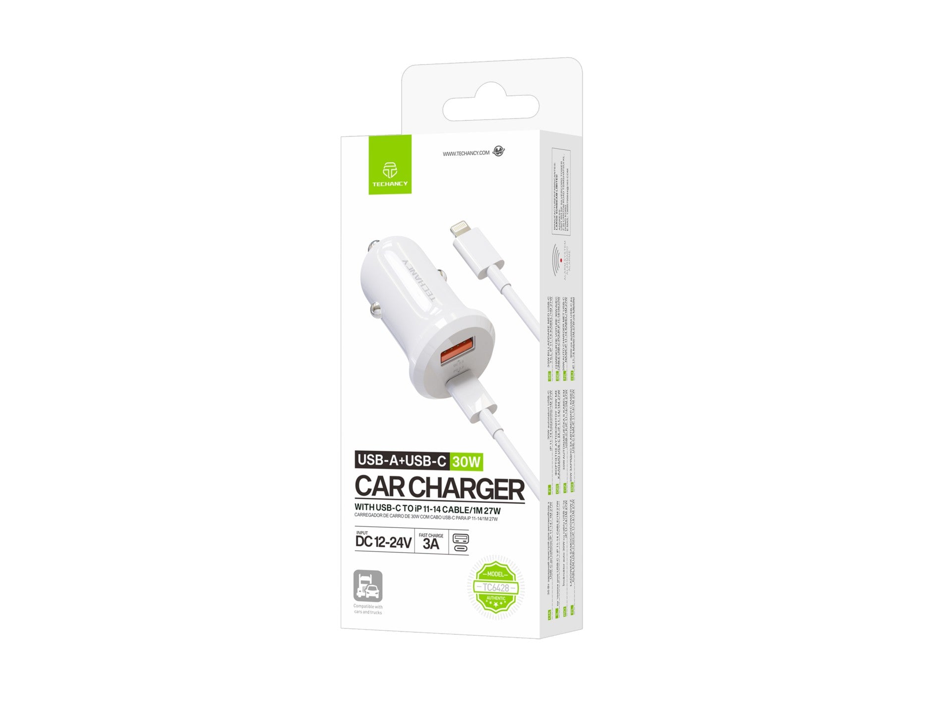 Techancy Carregador de Carro TC6428 30W USB-A+USB-C com cabo 1m USB-C para Lightning PD3.0 QC3.0 12-24V-2