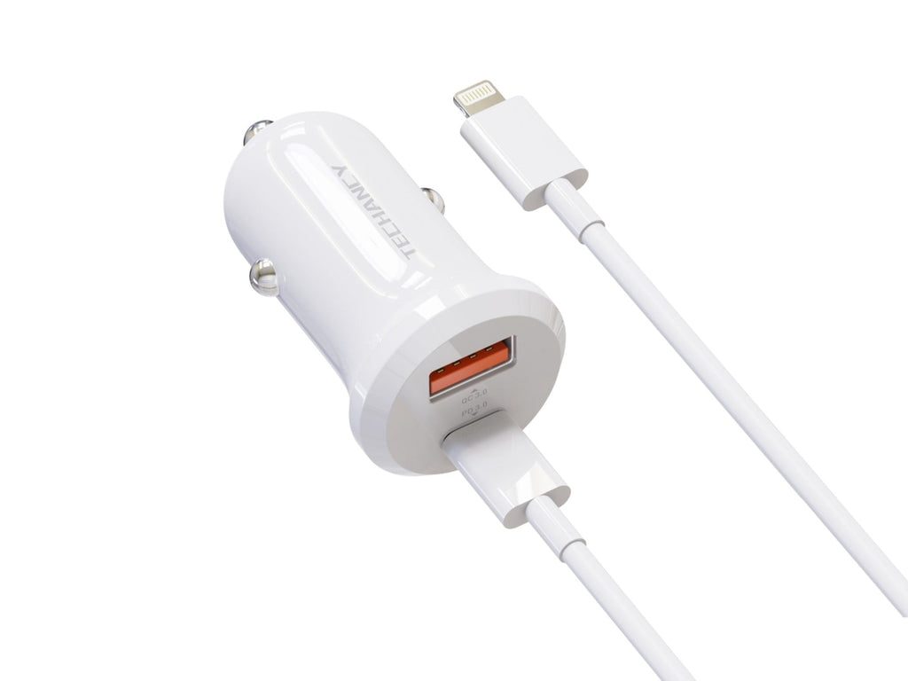 Techancy Carregador de Carro TC6428 30W USB-A+USB-C com cabo 1m USB-C para Lightning PD3.0 QC3.0 12-24V-0