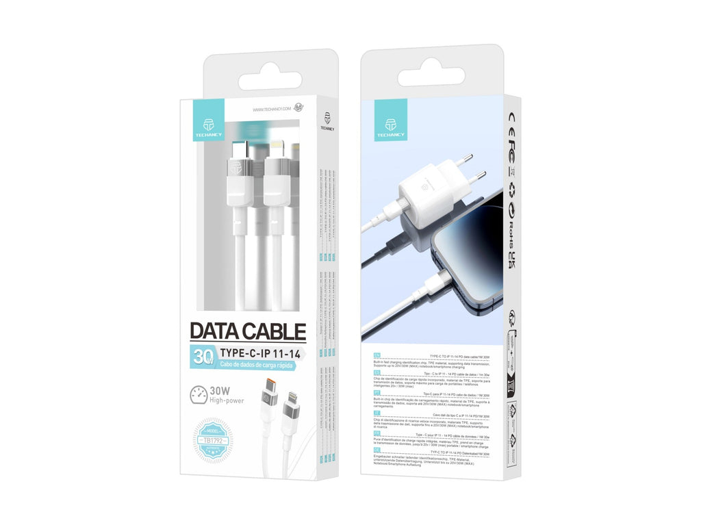 Techancy Cabo De Dados Pd 30w Branco 1m TB1792, Usb C-Ipx/11/12-14 Suporta Carregamento Rápido, Transferência De Dados-1